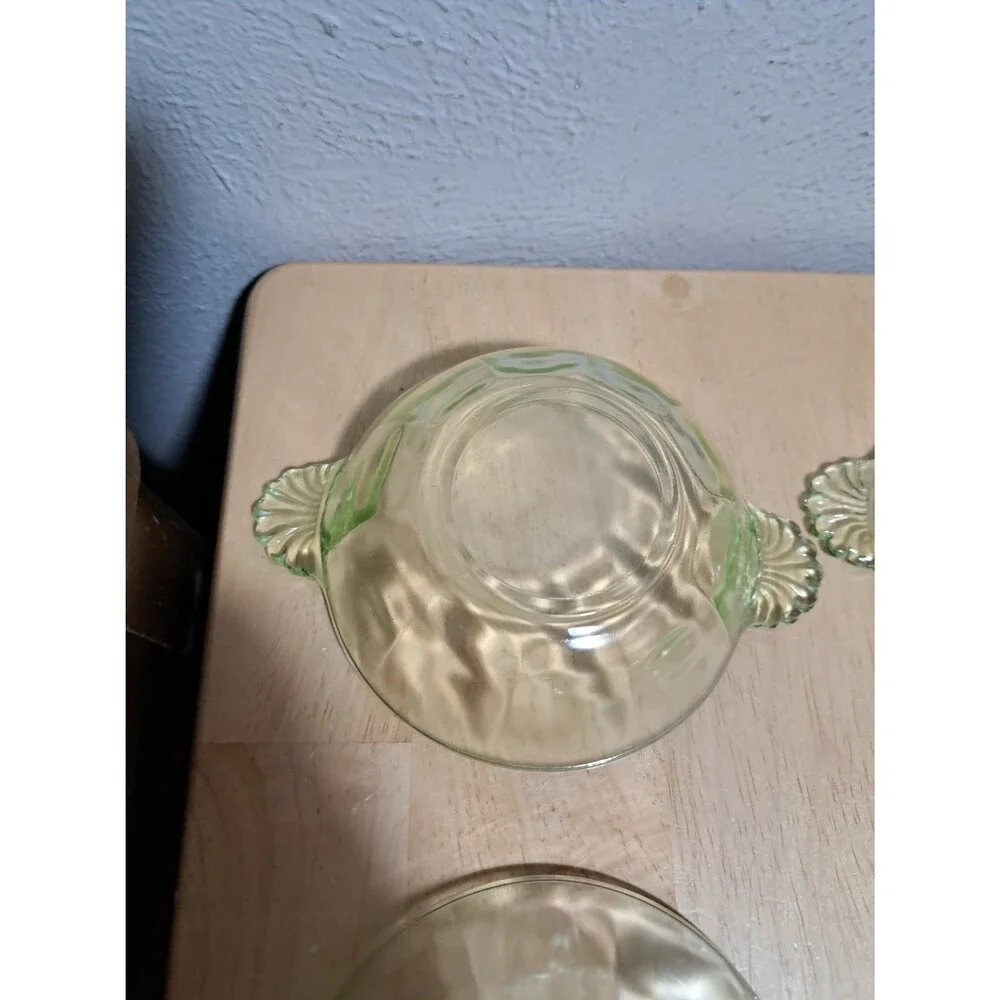 6 Vintage Uranium Glass Berry Dessert Bowls with Handles